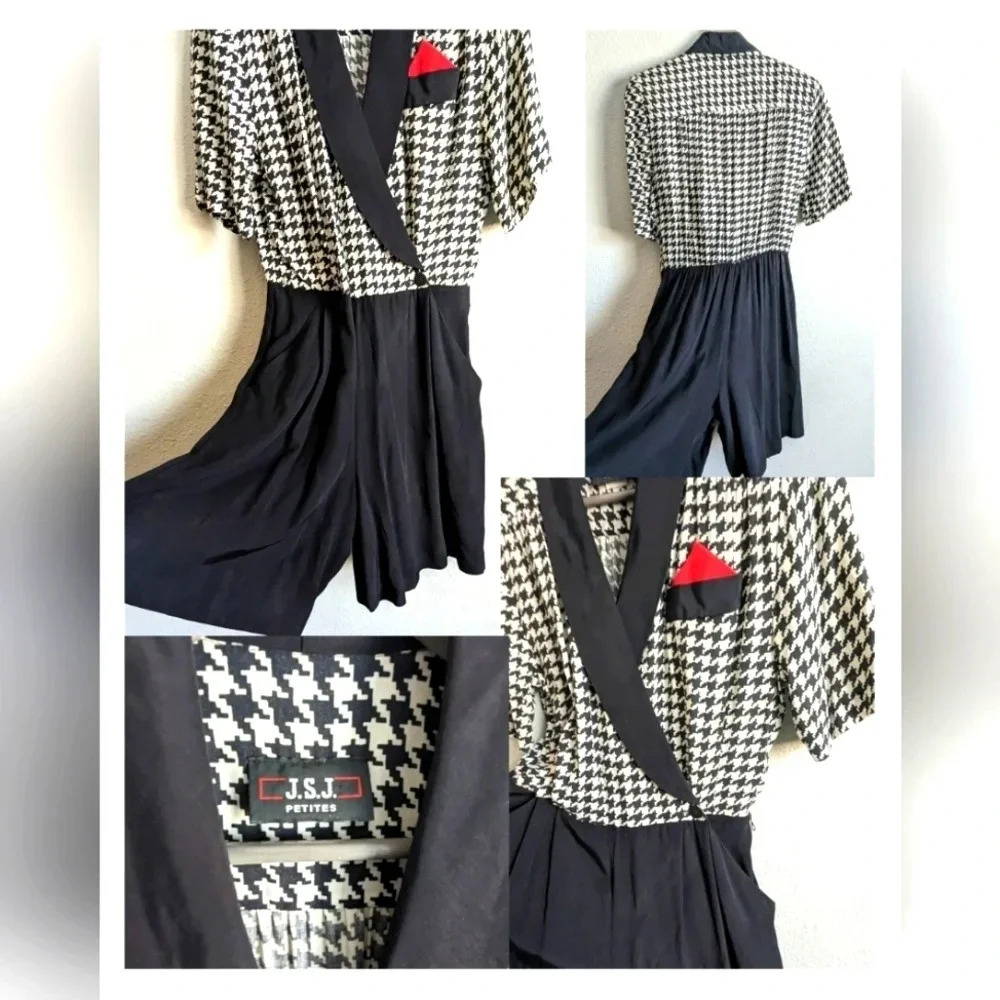 80s Vintage Romper- Houndstooth black and white shorts- collared top- Retro